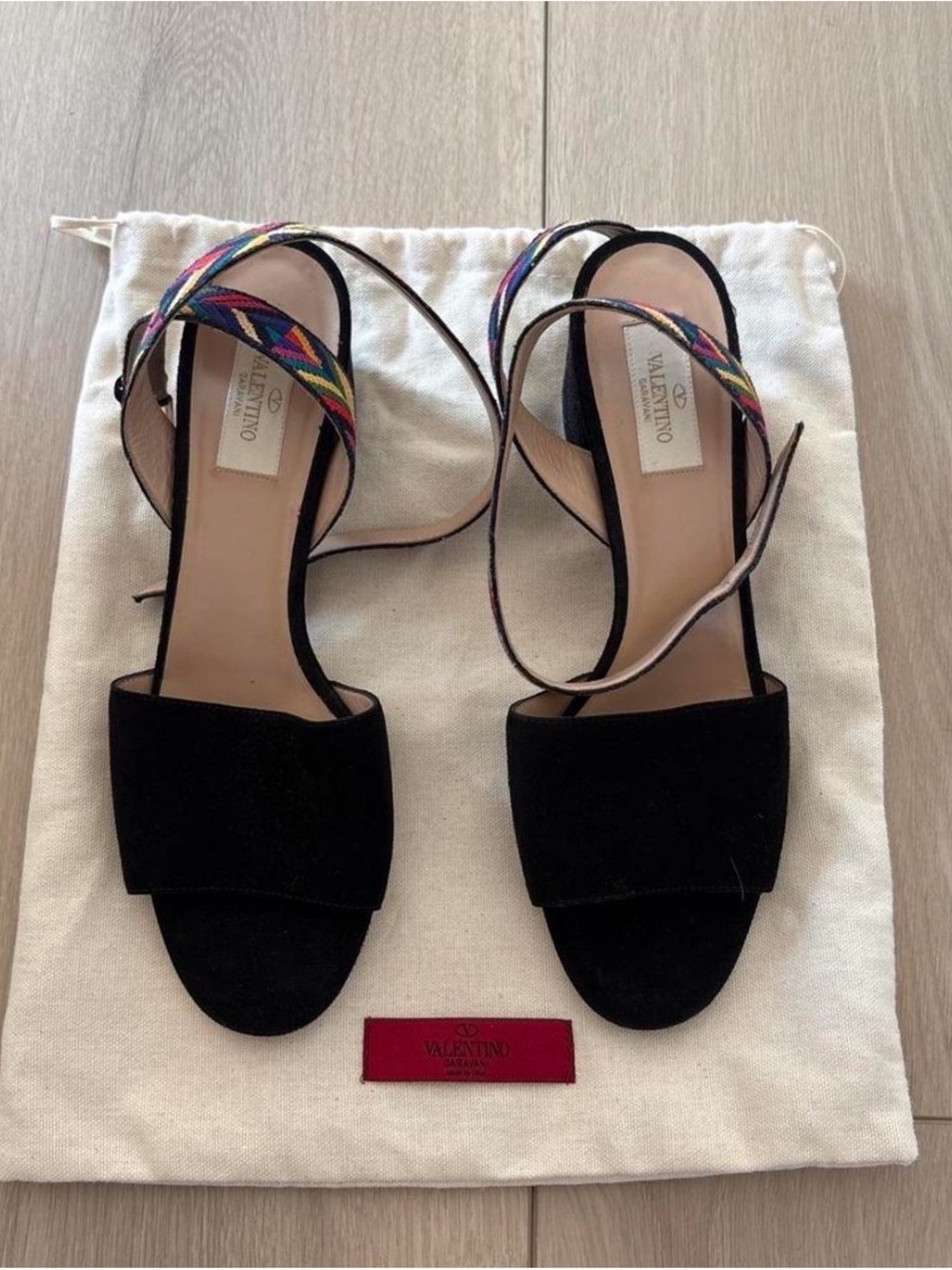 Valentino Garavani Black Suede Sandals with Multicolor Ankle Strap